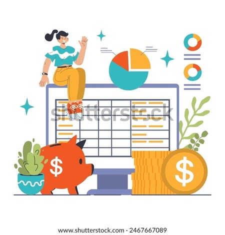 Budgeting Essentials concept. Cheerful woman with financial charts on a computer, piggy bank savings alongside. Fiscal responsibility, expense tracking. Flat vector illustration