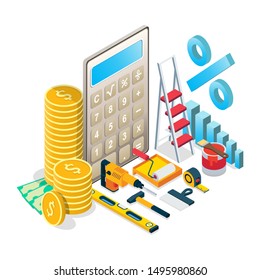 Budgeting For Home Maintenance, Renovation Concept Vector Isometric Illustration. Home Repairs Budget Composition For Web Banner, Website Page Etc.