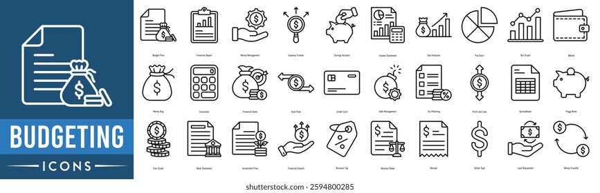 Budgeting icon set. Budget Plan, Financial Report, Money Management, Expense Tracker, Savings Account, Income Statement and Cost Analysis