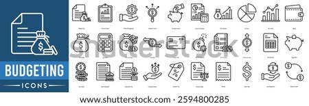 Budgeting icon set. Budget Plan, Financial Report, Money Management, Expense Tracker, Savings Account, Income Statement and Cost Analysis