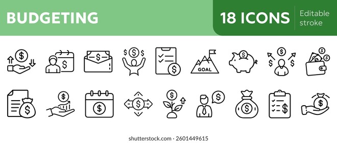  budgeting icons for income tracking, expense management, savings goals, debt payoff, net worth