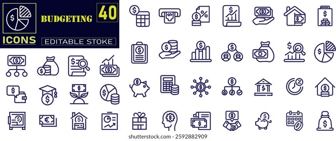 budgeting icons in line design. Accounting, analytics, finance, business, money, financial, audit, tax .