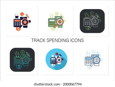 Budgeting-Icons set.Erstellen eines Geldausgabeplans.Rationelle Geldverteilung.Umsichtige Ausgaben.Umsichtige Ausgaben.Sammlung von Symbolen in linearen, gefüllten Farbstilen.Einzelne Vektorgrafiken