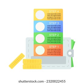 Budgeting infographic chart design template. Saving and rational spending. Abstract vector infochart with blank copy spaces. Instructional graphics with 4 step sequence. Visual data presentation