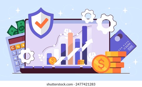 Budgeting at laptop concept. Financial literacy and accounting. Program for businesspeople and traders. Online payment and cashless transactions, transfers. Cartoon flat vector illustration