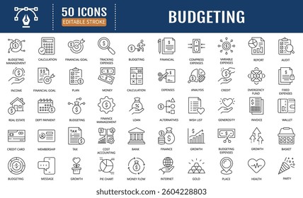 Budgeting line editable icons set. Containing money,  budget, savings, loan, cash, earning, income, wallet, revenue, bank, profit, and more. Vector Illustration