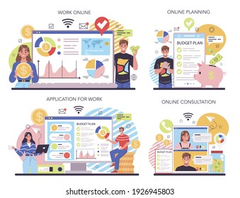 Budgeting Online Service Or Platform Set. Idea Of Financial Planning And Well-being. Money Allocation. Online Work, Planning, Consultation, Application. Isolated Flat Vector Illustration