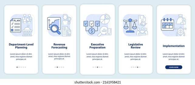 Budgeting process light blue onboarding mobile app screen. Walkthrough 5 steps graphic instructions pages with linear concepts. UI, UX, GUI template. Myriad Pro-Bold, Regular fonts used