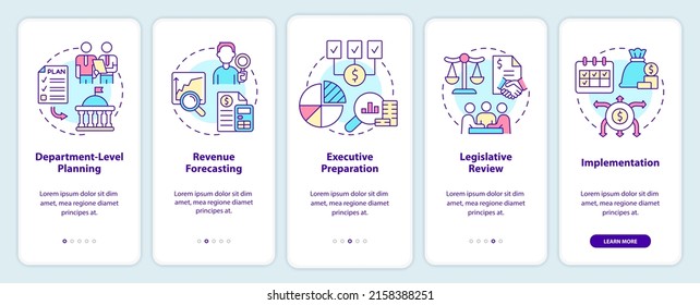 Budgeting-Prozess auf dem mobilen App-Bildschirm. Planen, Implementieren Sie 5-stufige grafische Anleitungen Seiten mit linearen Konzepten. UI, UX, GUI-Vorlage. Myriad Pro-kühne, Standardschriftarten verwendet