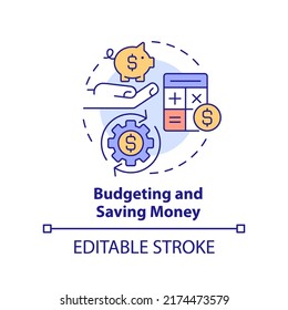 Budgeting and saving money concept icon. Basic life skill abstract idea thin line illustration. Calculate income, expenses. Isolated outline drawing. Editable stroke. Arial, Myriad Pro-Bold fonts used