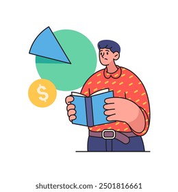 Presupuesto y ahorro de dinero, Ilustración vectorial plana de dibujos animados. Personaje masculino aislado con gráfico circular que muestra los gastos y las ganancias. Obtención de activos financieros e inversión, contabilidad