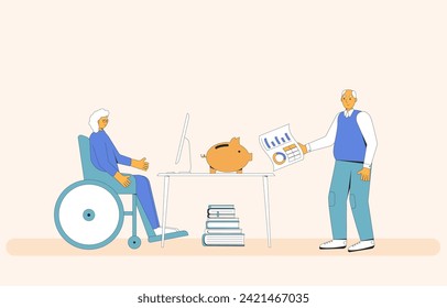 Budgeting for senior. Woman in wheelchair and man talking about finance. Elderly people with money and analyze retirement savings. Vector illustration.