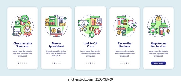 Budgeting for small business onboarding mobile app screen. Walkthrough 5 steps graphic instructions pages with linear concepts. UI, UX, GUI template. Myriad Pro-Bold, Regular fonts used