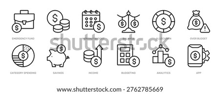 Budgeting thin line icon set. Personal Finance, Financial Control, Budget, Dollar, Money Management concept. Black outline vector icons collection.