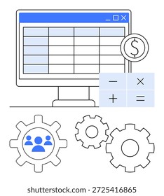 Herramientas de presupuesto, planificación financiera, operaciones de equipo, automatización de procesos, análisis de datos, eficiencia del flujo de trabajo. Hoja de cálculo con características, iconos de cálculo de símbolos de dinero y engranajes. Planificación financiera