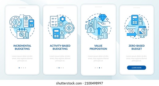 Budgeting types blue onboarding mobile app screen. Planning approaches walkthrough 4 steps graphic instructions pages with linear concepts. UI, UX, GUI template. Myriad Pro-Bold, Regular fonts used