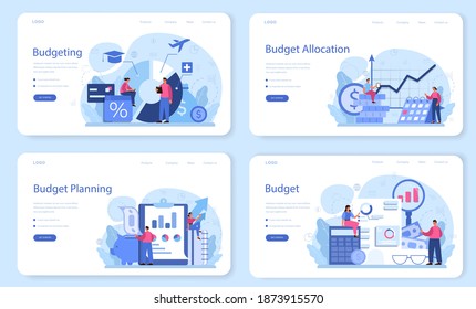 Budgeting web banner or landing page set. Idea of financial planning and well-being. Currency balance and income. Money savings. Isolated flat illustration vector