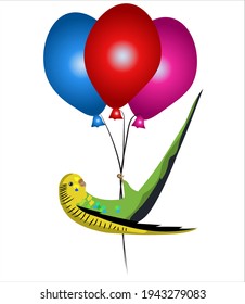 Budgie bird congrats with Birthday, bird and balloons