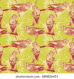 Budgie seamless pattern with tropical palm leaves