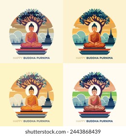 Budhha Purnima. Beautiful Budhha and bodhi tree illustration with temple, sky and river background. Four color included. 