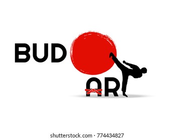 Budo art - vector stylized font with red belt and japanese symbols sun background. Japan martial art calligraphy icon. Hand drawn ink brush illustration with men demonstrating karate