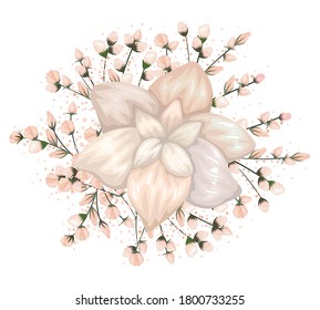 buds around white flower painting design, natural floral nature plant ornament garden decoration and botany theme Vector illustration