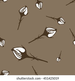 Buds brown and white on a beige background. Seamless pattern. Vector. Packing. Fabric.
