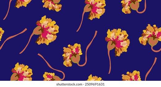 Buds on a stem Abstract fantasy flowers variegated ornament Asian motifs vector seamless overlapping pattern rapport