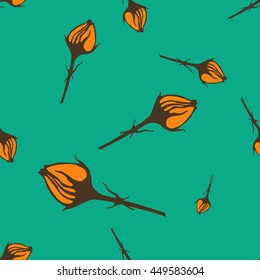 The buds are orange and brown on a turquoise background. Seamless pattern. Vector. Packing. Fabric.