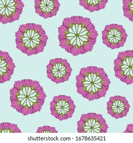 Buds of pink flowers arranged in a circle. Floral pattern on a light background. Seamless graphics. Vector illustration.