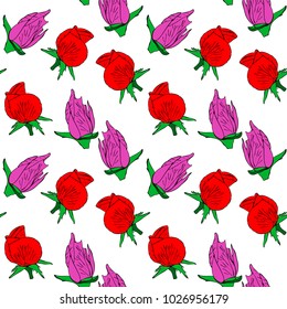 buds of a red and pink rose, a repeating seamless pattern on a white background
