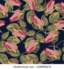 Buds of red roses with green leaves on a blue background. Seamless pattern. Vector image.