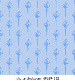 The buds of roses are blue on a pale blue background. Seamless pattern. Vector illustration. Packing. Fabric.