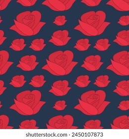 Buds of a scarlet rose. Red blossoming flowers. Seamless vector pattern. Isolated blue background. Cartoon style. Repeating pattern of flowering plants. Idea for web design.