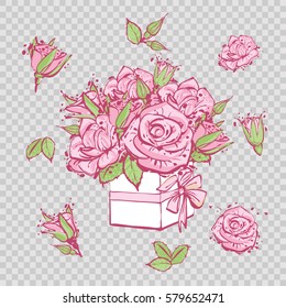 Buds, young rose flower, green leaves, bouquet of roses. Wedding patches illustration. Design composition for t-shirt, phone cover, cards print. Vector fashion hand drawn art in watercolor style.