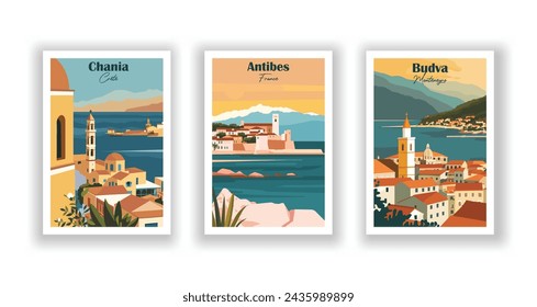 Budva, Montenegro. Antibes,France. Chania, Crete - Vintage travel poster. Vector illustration. High quality prints svg