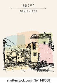 Budva, Montenegro. Old city view. Handdrawn artistic postcard in vector