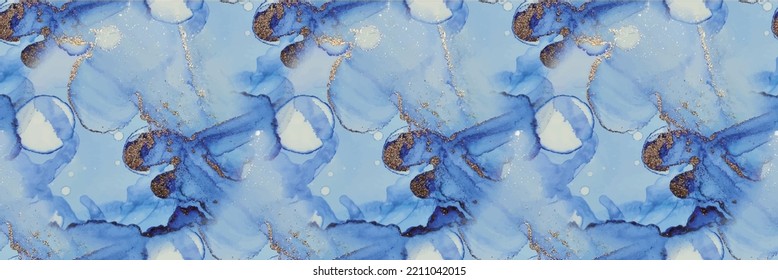 B;ue Alcohol Ink. Marble Elegant Watercolor. Abstract Template Vector. Shiny Watercolor Repeat. Foil Marble Background. Golden Ink Marble. Blue Gradient Watercolor. Blue Ink Paint. Seamless Art Vector