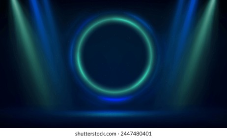 Bue green spotlight backdrop. Stage, green blue circular lighting background. Light fluorescent ring on dark backdrop. Spotlights, Round frame. Glowing circle. Background displaying products. Vector