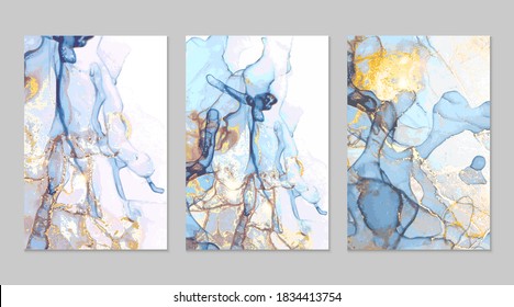 Bue, grey and gold marble abstract backgrounds in alcohol ink technique. Set of vector stone textures. Modern paint with glitter. Template for banner, poster design. Fluid art painting
