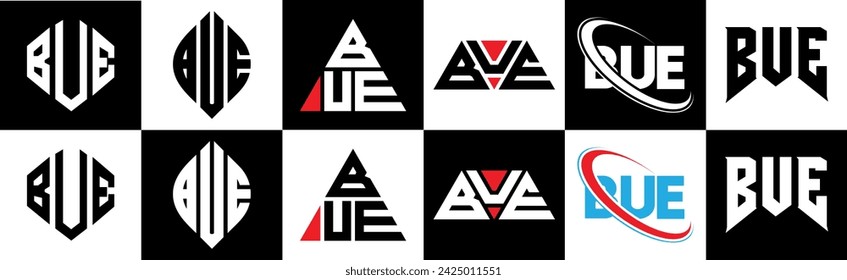 BUE letter logo design in six style. BUE polygon, circle, triangle, hexagon, flat and simple style with black and white color variation letter logo set in one artboard. BUE minimalist and classic logo