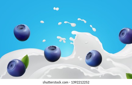 Bueberries falling in milk. Yogurt splash with berries isolated on blue background