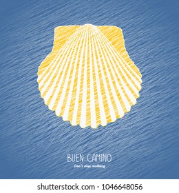 Buen Camino. Don't stop walking. Postcard or banner. Yellow scallop shell on the blue background. Pilgrims navigation sign. Symbol of the Camino de Santiago in Spain.