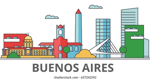 Buenos Aeros city skyline: buildings, streets, silhouette, architecture, landscape, panorama, landmarks. Editable strokes. Flat design line vector illustration concept. Isolated icons on background