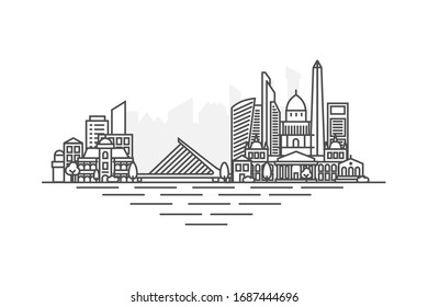 Buenos Aires, Argentina architecture line skyline illustration. Linear vector cityscape with famous landmarks, city sights, design icons. Landscape with editable strokes isolated on white background.