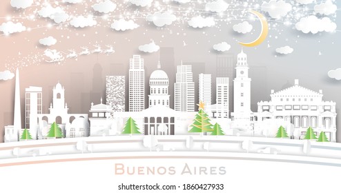 Buenos Aires Argentina City Skyline in Paper Cut Style with Snowflakes, Moon and Neon Garland. Vector Illustration. Christmas and New Year Concept. Santa Claus on Sleigh.