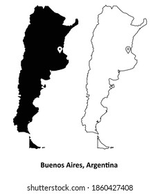 Buenos Aires Argentina. Detailed Country Map with Capital City Location Pin. Black silhouette and outline maps isolated on white background. EPS Vector