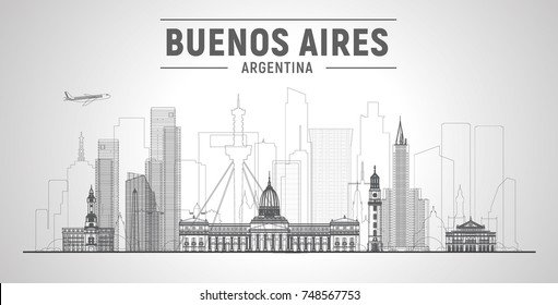 Buenos Aires ( Argentina ) line skyline with panorama in white background. Vector Illustration. Business travel and tourism concept with modern buildings. Image for presentation, banner, web site.