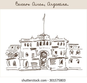 Buenos Aires, Argentina, Presidential Palace Casa Rosada, in urban sketch style, for travel and tourism business design