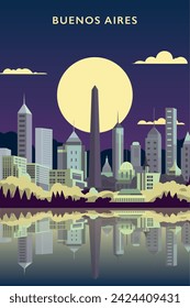 Buenos Aires Argentina retro city poster with abstract shapes of skyline, buildings at night. Vintage travel vector illustration for Latin America